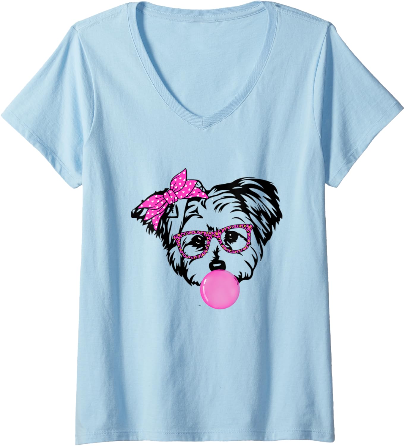 Womens Morkie dog Mom with bubble gum bandana glasses V Neck