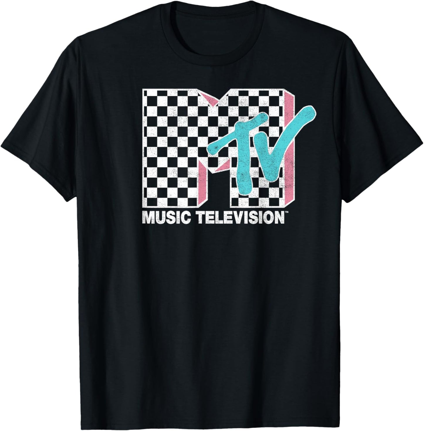MTV Neon Distressed Checkered Logo Graphic T Shirt