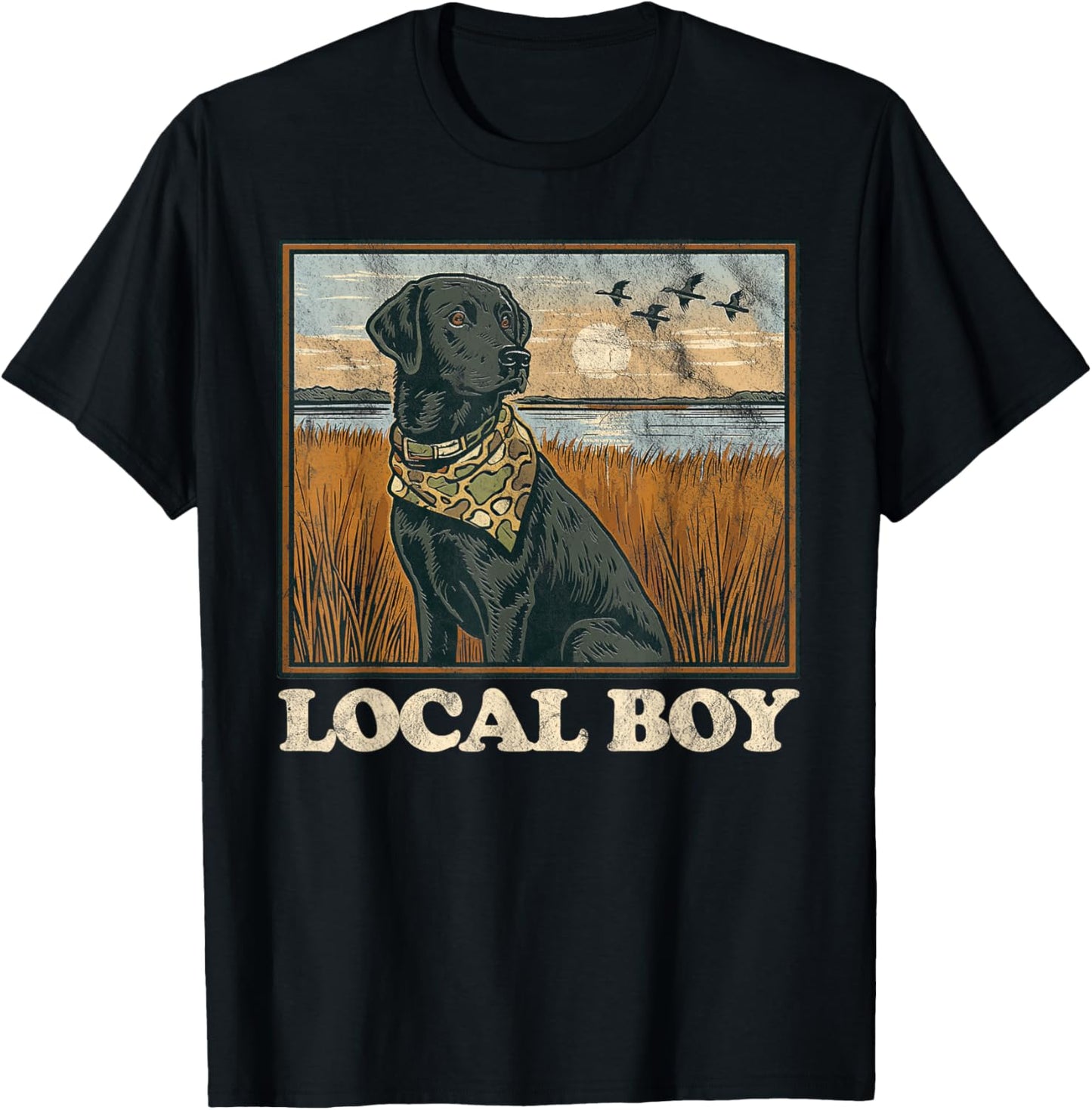 Local Boy Black Lab Hunting Dog Marsh Scene Sunset Vintage