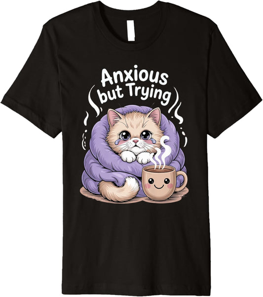 Anxious but Trying \u2013 Cute Cat with Blanket and Coffee Premium