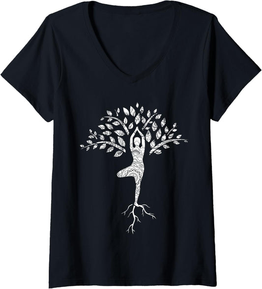 Womens Yoga Pose Tree of Life Mandala V Neck