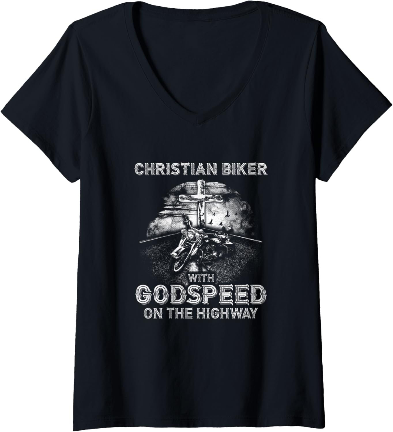Womens With Godspeed On The Highway Christian Biker V Neck