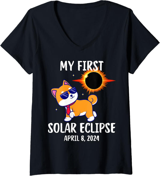 Womens My First Solar Eclipse April 8 2025 Kids Girls Boys Students V Neck