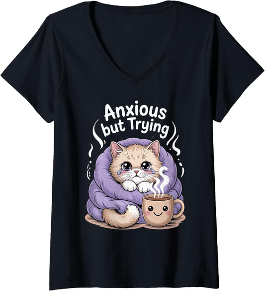 Womens Anxious but Trying \u2013 Cute Cat with Blanket and Coffee V Neck