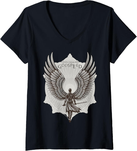 Womens May You Travel With Godspeed Winged Hero V Neck
