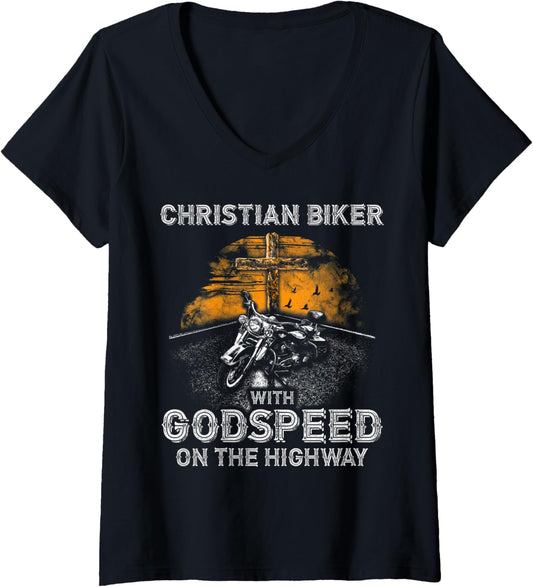 Womens Awesome Christian Biker Godspeed on the Highway \/ Christ V Neck
