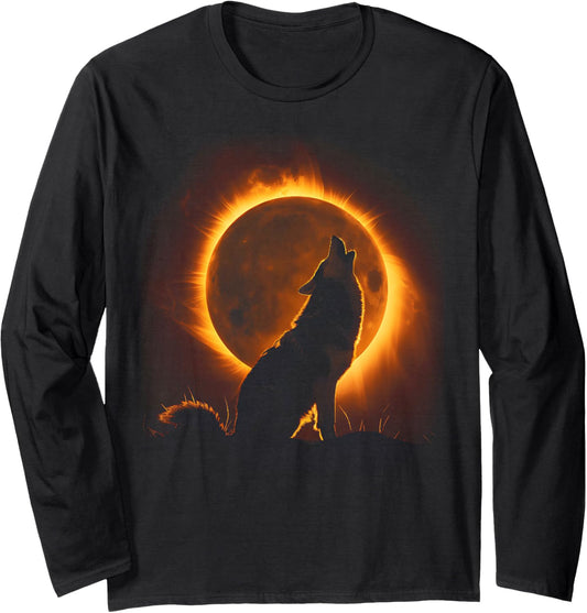 Wolf Howling at the Moon Solar Eclipse Alpha Lunar Mountain Long Sleeve