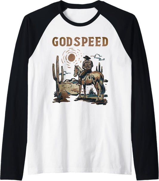 Vintage Cowboy Horseback Western Deserts Classic Godspeed Raglan Baseball Tee
