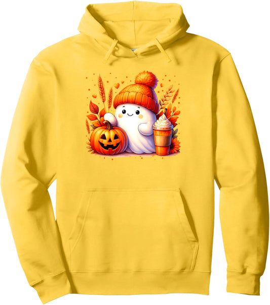 Cute Fall Ghost Pumpkin Coffee Halloween Thanksgiving Pullover Hoodie