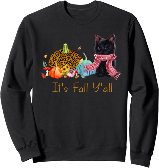 It's Fall Y'all Cute Cat Fall Scarf Pumpkin Thanksgiving Sweatshirt