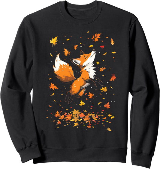 Red Fox Cute Cartoon Fall Jumping Autumn leaves Sweatshirt