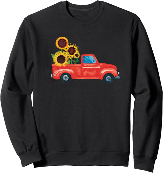 Vintage Red Pickup Truck with Big Sunflowers Cute Fall Sweatshirt
