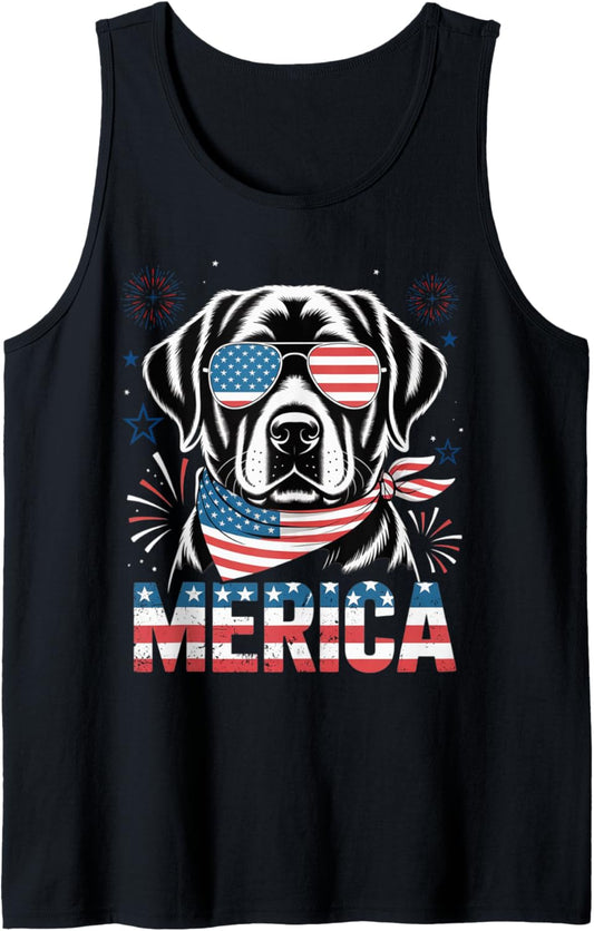 Merica Black Lab Dog Patriotic USA Flag Bandana 4th July Tank Top