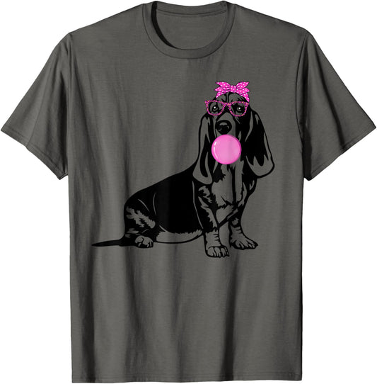Basset Hound dog with bubble gum bandana glasses