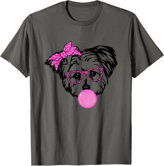 Morkie dog Mom with bubble gum bandana glasses