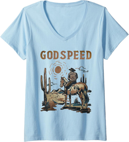 Womens Vintage Cowboy Horseback Western Deserts Classic Godspeed V Neck