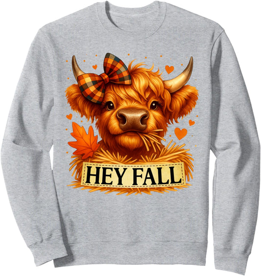 Hey Fall Highland Cow Cute Autumn Fall Vibes Thanksgiving Sweatshirt