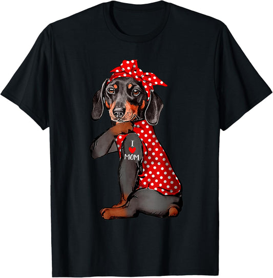 I Love Mom Tattoo Funny Dachshund Dog Wearing Bandana T Shirt for Men Women Kids