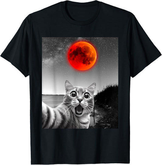 Astronomy Lovers Funny Cat Selfie With Lunar Eclipse 2025 T Shirt for Men Women Kids