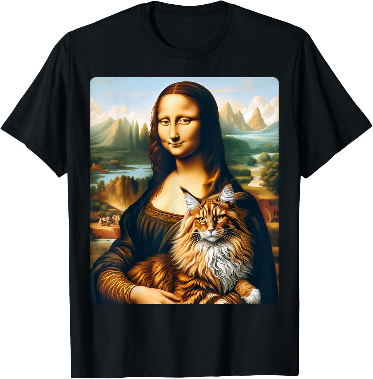 Mona Lisa's Feline Companion: Maine Coon Cat Artwork T Shirt for Men Women Kids