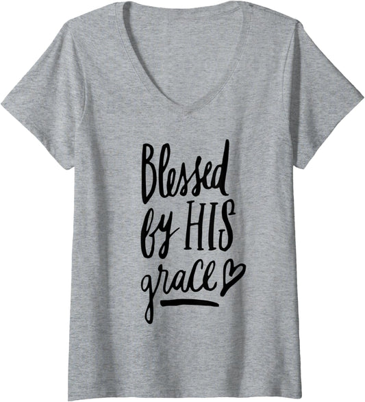 Womens Blessed by his Grace   Christian Clothing V Neck